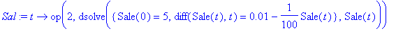 Sal := proc (t) options operator, arrow; op(2,dsolve({Sale(0) = 5, diff(Sale(t),t) = .1e-1-1/100*Sale(t)},Sale(t))) end proc