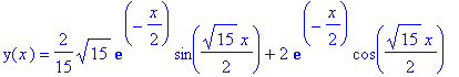 y(x) = 2/15*15^(1/2)*exp(-1/2*x)*sin(1/2*15^(1/2)*x)+2*exp(-1/2*x)*cos(1/2*15^(1/2)*x)
