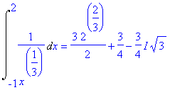 Int(1/(x^(1/3)),x = -1 .. 2) = 3/2*2^(2/3)+3/4-3/4*I*3^(1/2)