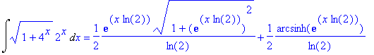 Int((1+4^x)^(1/2)*2^x,x) = 1/2*1/ln(2)*exp(x*ln(2))*(1+exp(x*ln(2))^2)^(1/2)+1/2*1/ln(2)*arcsinh(exp(x*ln(2)))