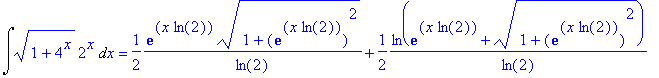 Int((1+4^x)^(1/2)*2^x,x) = 1/2*1/ln(2)*exp(x*ln(2))*(1+exp(x*ln(2))^2)^(1/2)+1/2*1/ln(2)*ln(exp(x*ln(2))+(1+exp(x*ln(2))^2)^(1/2))